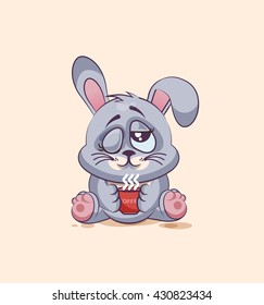 Vector Stock Illustration isolated Emoji character cartoon Gray leveret just woke up, cup of coffee sticker emoticon for site, infographic, video, animation, website, e-mail, newsletter, report, comic