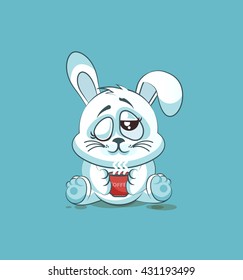 Vector Stock Illustration isolated Emoji character cartoon White leveret just woke up with cup of coffee sticker emoticon for site, infographic, video, animation, website, e-mail, newsletter, report