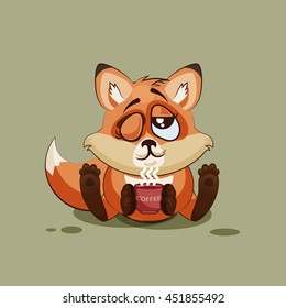 Vector Stock Illustration isolated Emoji character cartoon Fox just woke up with cup of coffee sticker emoticon for site, infographic, video, animation, websites, e-mails, newsletters, reports, comics