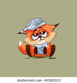 Vector Stock Illustration isolated Emoji character cartoon sleepy Fox in nightcap with pillow sticker emoticon for site, info graphic, video, animation, websites, e-mails, newsletters, reports, comics