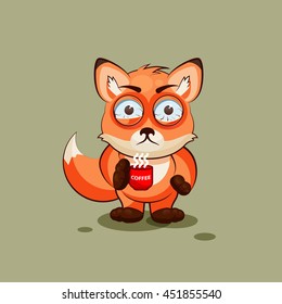 Vector Stock Illustration isolated Emoji character cartoon Fox nervous with cup of coffee sticker emoticon for site, info graphic, video, animation, websites, e-mails, newsletters, reports, comics