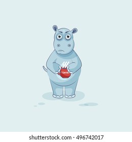 Vector Stock Illustration isolated Emoji character cartoon Hippopotamus nervous with cup of coffee sticker emoticon for site, info graphics, video, animation, website, mail, newsletter, report, comics