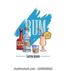 Vector stock illustration “Rum” isolated on white. Engraving label with bottles and glasses with cocktails. Blue brushstroke on the background. 