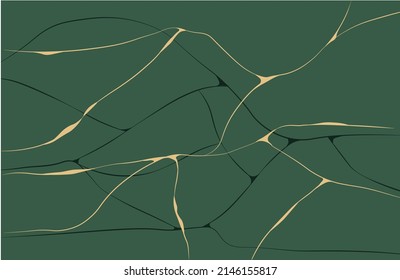 vector stock illustration of Japanese kintsugi technique. abstract background of green marble agate granite mosaic with gold veins. fake painted texture of artificial stone.