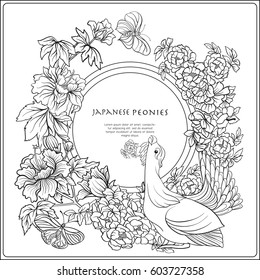 Vector stock illustration with Japanese peony and wild roses and bird and butterfly, and with place for text. Outline drawing coloring page. Coloring book for adult.