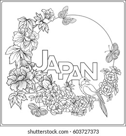 Vector stock illustration with Japanese peony and wild roses and bird and butterfly, word Japan and with place for text. Outline drawing coloring page. Coloring book for adult.