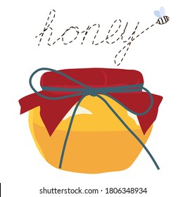 Vector stock illustration of a jar of honey. the word honey and the flight of the bee. Isolated on a white background. Apricot jam. shana tova