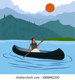 Vector stock illustration of a journey on the kunai. Tourist postcard of active recreation girls on kayaks. A man on the lake is engaged in rowing with oars. Mountain landscape. The trip on the boat.