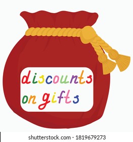 Vector stock illustration of a large red bag with a gold sash and a sign that says "discounts on gifts" on a white background.