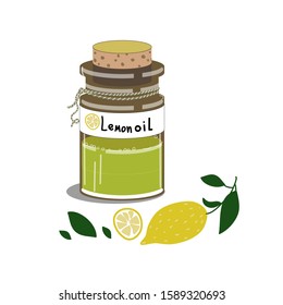 Vector stock illustration of lemon essential oil bottle. Cosmetology and spa procedures, aromatherapy. Herbal art.