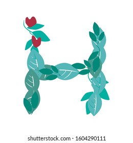 A vector stock illustration with letter H with heart isolated on a white background for design. A spring font or logo with green leaves and branches as an element of the alphabet.