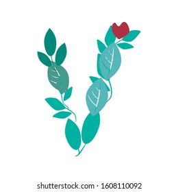 A vector stock illustration with letter V with heart isolated on a white background for design. A spring font or logo with green leaves and branches as an element of the alphabet.