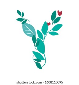 A vector stock illustration with letter Y with heart isolated on a white background for design. A spring font or logo with green leaves and branches as an element of the alphabet.
