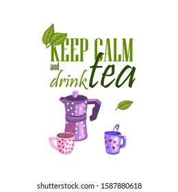 Vector stock illustration with lettering composition, teapot, leaves and two cups. Cute design elements in cartoon style for café, menu, emblem, banner. Isolated on white.