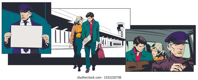 Vector. Stock illustration. Limousine driver meets tourists at airport.