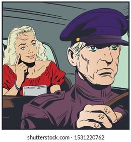 Vector. Stock illustration. Limousine driver and beautiful dreaming girl.