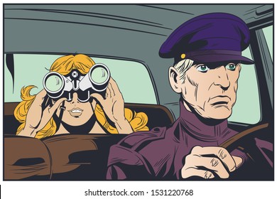 Vector. Stock illustration. Limousine driver and girl with binoculars.