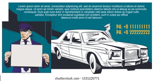 Vector. Stock illustration. Limousine driver holding sign.