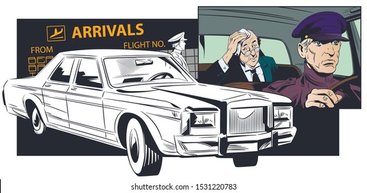 Vector. Stock illustration. Limousine driver meets businessman at airport.