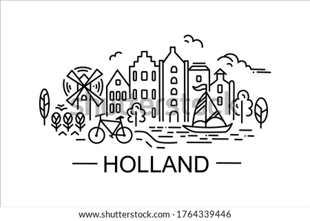Vector stock illustration in line art style, linear drawings silhouettes of salient features, sights of Holland. For prints on objects, fabrics, clothes, bags.
