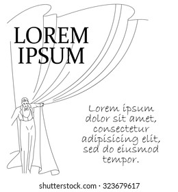 Vector stock illustration. Line graphic. The man opens the curtain.