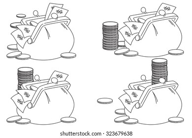 Vector stock illustration. Line graphic. Money in wallet.