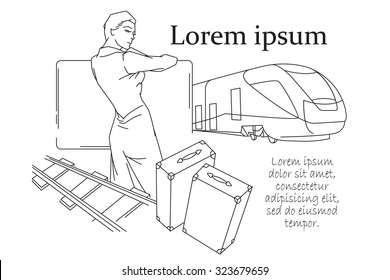 Vector stock illustration. Line graphic. Woman going on a travel.