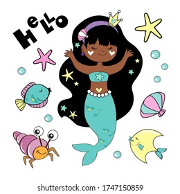 Vector stock illustration with a little girl afro american mermaid and fish on a white background. Greeting card for girls. Summer concept. Marine inhabitants for Birthday