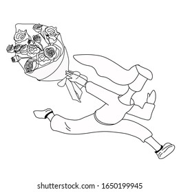 Vector stock illustration of the logo of the flower delivery service. Fast-running courier. girl with a bouquet of flowers monochrome one line for postcard banner and printing. late running away on a 