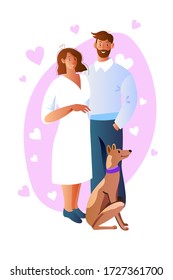 Vector stock illustration with loving couple and their dog. Young wife and husband stand surrounded by hearts. Romantic concept in flat style with happy female and male characters and their pet.