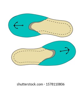 Vector stock illustration of male blue bath slippers. Cozy clothes, accessory design.  Home footwear, comfortable with anchor. 