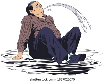 Vector. Stock illustration. Man sat down in puddle.