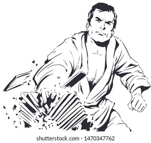 Vector. Stock illustration. Martial artist breaks stack of boards.