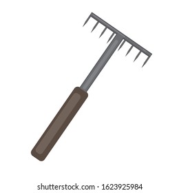 A vector stock illustration with metal rake with a pen handle isolated on a white background. A flat single garden tool as logo for design