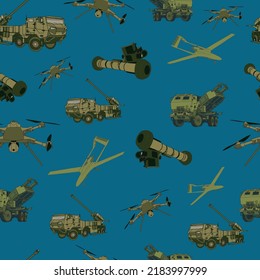 Vector stock illustration. Military vector pattern. Bayraktar . Javelin. Caesar. Himars. Kamikadze.