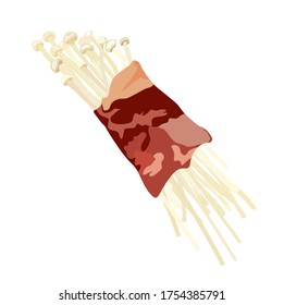 Vector stock illustration of natural raw white mushrooms Enoki with hats on legs. For cooking tempura, chikuwa, tempura udon noodles. Asian cuisine, Korean Chinese Japanese  Golden needle mushroom