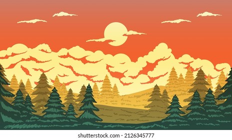 vector stock illustration of nature landscape, trees, clouds and sunset