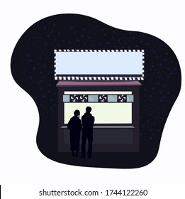 Vector stock illustration of night coffee. Couples in love on a date. Meeting friends on the street. Fast food in a retail store. Street fast food. Late evening dinner. Asian urban cuisine. Concept. 