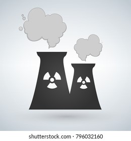Vector Stock illustration of nuclear power plant in flat style, nuclear sign, power generation, cooling tower, reactor unit, ventilation pipe, vector illustration isolated on white background