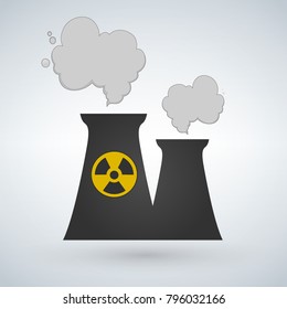 Vector Stock illustration of nuclear power plant in flat style, nuclear sign, power generation, cooling tower, reactor unit, ventilation pipe, vector illustration isolated on white background
