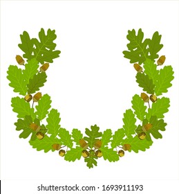 Vector stock illustration of oak leaf crown. Wreaths depicting an award, achievement, heraldry, nobility, emblem. Green oak leaves and acorns. Oak crown. California red oak branch. Hazelnut close-up. 