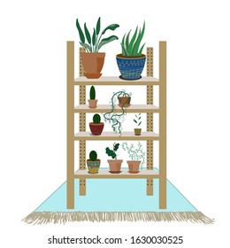 Vector stock illustration offlower shelf. Interior decor in flat and doodle style. Art for poster, postcard. Fresh green plants in your room.