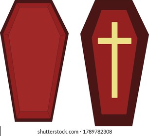 Vector stock illustration.The open Coffin is red with black trim and a light cross on the lid. On a white background.