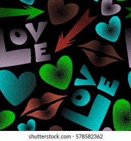 Vector stock illustration in orange and green colors. Love word, hearts and lipstick kiss seamless pattern on black background.