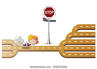 Vector stock illustration. People break the rules. Two girls happily running past the stop sign.