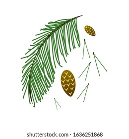Vector stock illustration of pine branch and little brawn cones. Cartoon style, children art for postcard, poster.