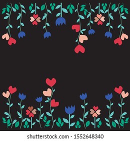 A vector stock illustration with place for text. A square doodle copyspace with flowers, leaves and hearts on a black background for Valentine's day, wedding, anniversary