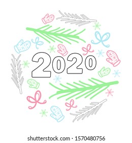 Vector stock illustration. Postcard Happy new year and Merry christmas. Cute colors with winter doodle elements. 