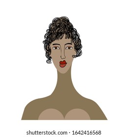 Vector stock illustration of pretty African American girl with long neck and face.  Cartoon style with black outline. Curly hair, big red lips.