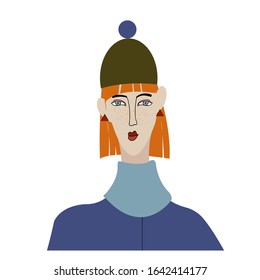 Vector stock illustration of pretty girl with long neck and face.  Cartoon style with black outline. Woman with red hair, green hat, blue sweater.